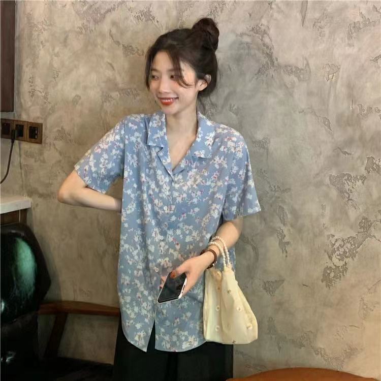 SUXI Áo sơ mi tay ngắn dáng rộng họa tiết hoa lá kiểu retro phong cách Hàn Quốc thời trang mùa hè cho nữ
