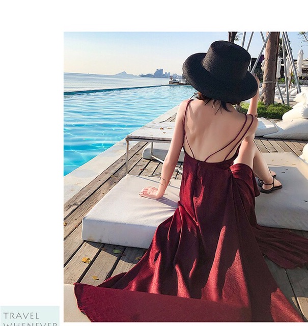 (Ảnh thật) Váy maxi 2 dây hở lưng cổ V dáng dài xẻ tà lụa satin sexy | BigBuy360 - bigbuy360.vn