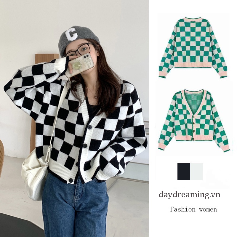Áo khoác cardigan cổ chữ v họa tiết kẻ sọc caro phong cách Hàn Quốc thời trang