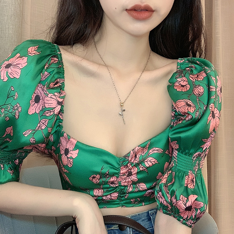 DUNEA Áo kiểu cổ vuông họa tiết hoa phong cách retro gợi cảm thời trang cho nữ