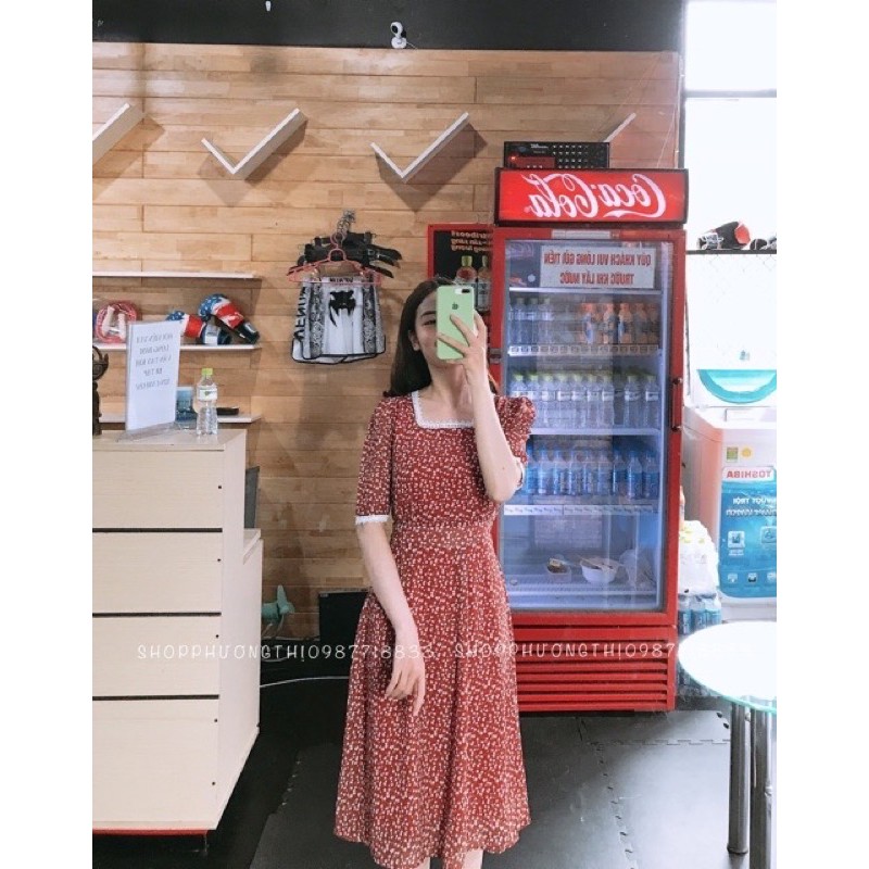 Đầm vintage - đầm hoa nhí cổ vuông dài tay | BigBuy360 - bigbuy360.vn
