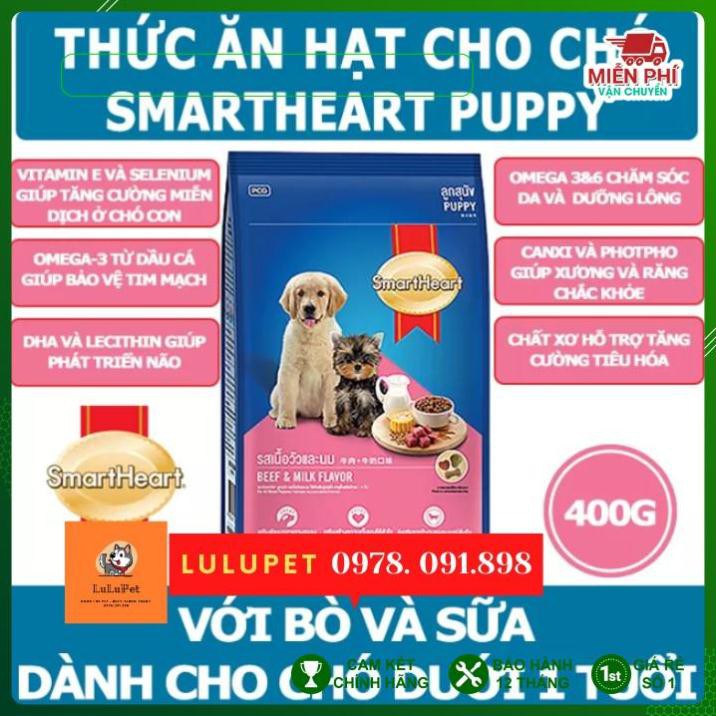 Thức ăn hạt cho chó con SMART HEART Vị Thịt Bò và Sữa Gói 400g Xuất xứ Thái Lan/ thức ăn hạt chó mèo