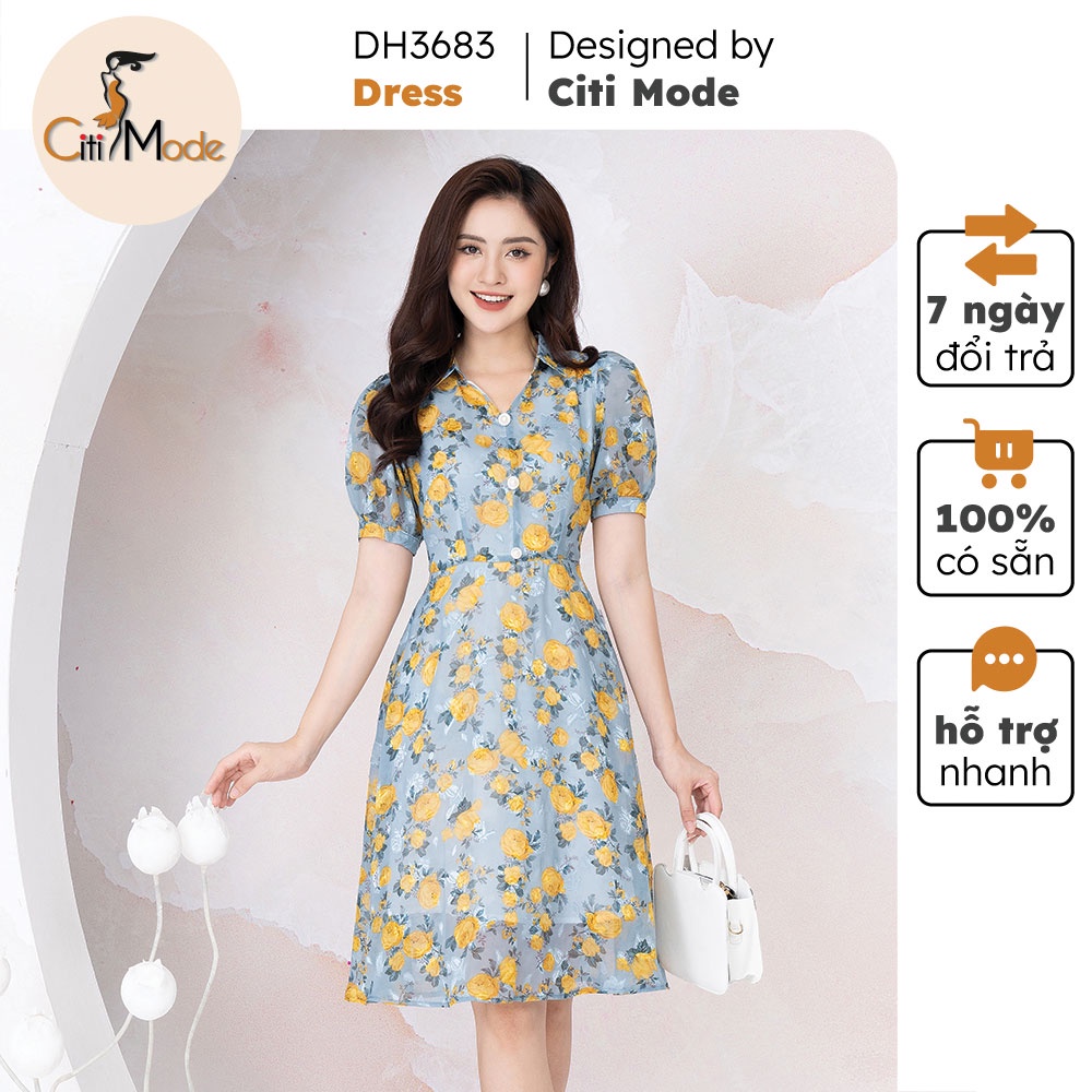 Đầm nữ thiết kế CITI MODE hoa xanh dáng xòe cổ sơ mi cao cấp DH3683