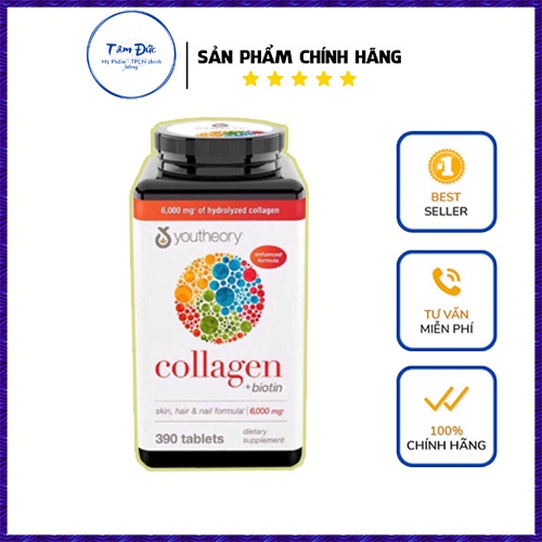 Collagen Biotin đẹp da, Collagen Youtheory Advanced Type 1,2&3 390 viên