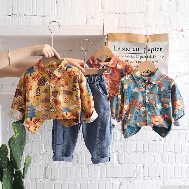 Bộ áo sơ mi tay dài in họa tiết và quần jean thời trang dành cho bé trai