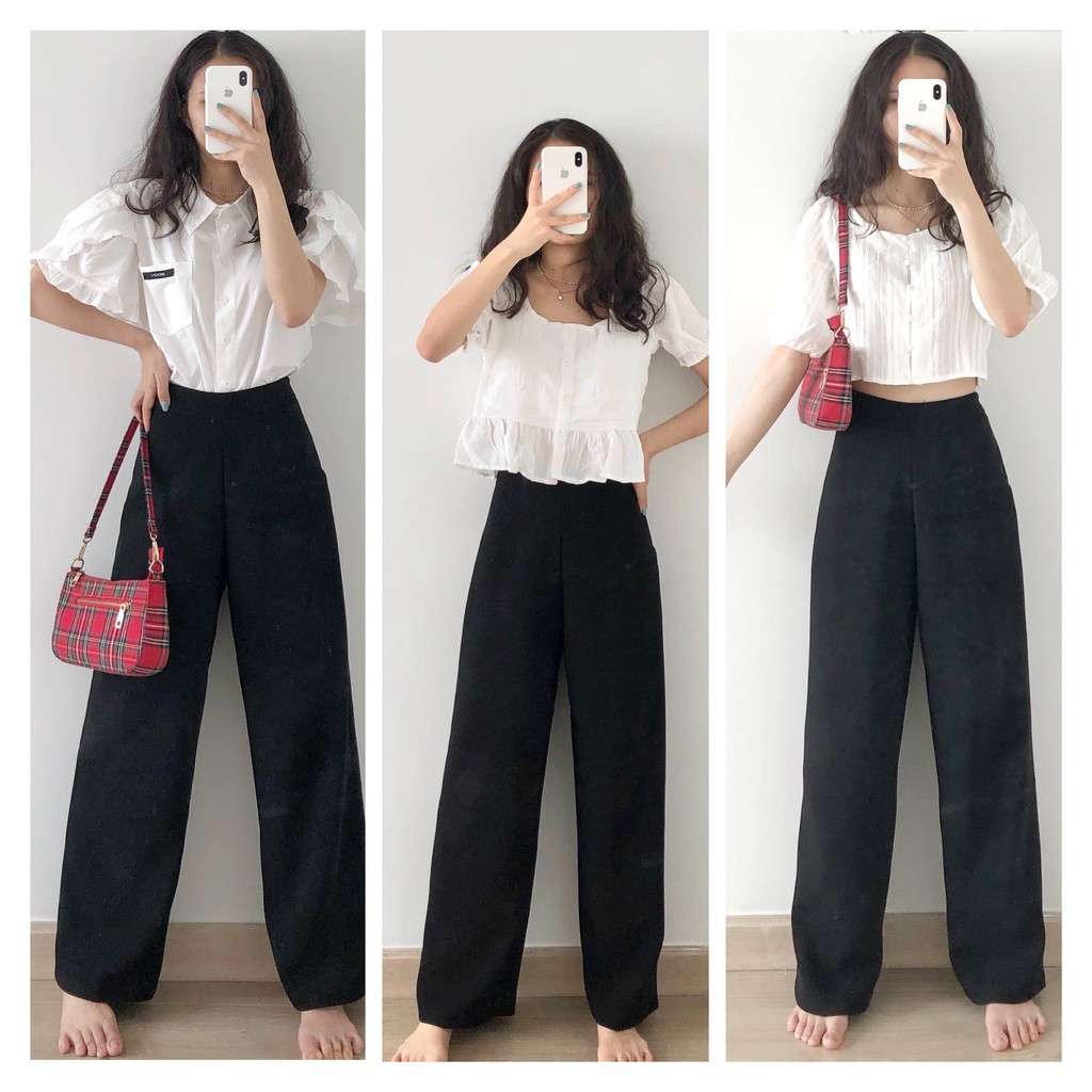 Quần ống rộng culottes suông dài chất dày lưng cao 2 màu đen be (Tất cả là hình thật).