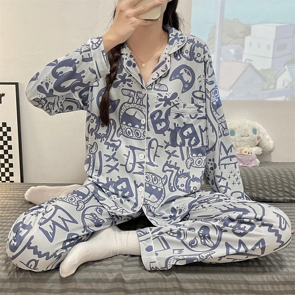 Bộ Đồ Ngủ Tay Dài Dáng Rộng Phong Cách Hàn Quốc Thời Trang Xuân Thu Chất Lượng Cao Cho Nữ La115