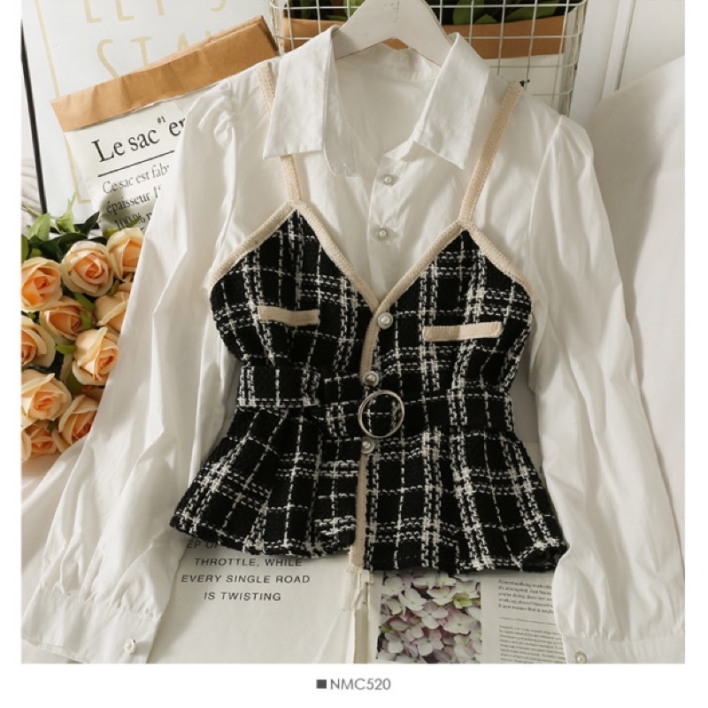 Áo sơ mi phối áo dạ kèm thắt lưng