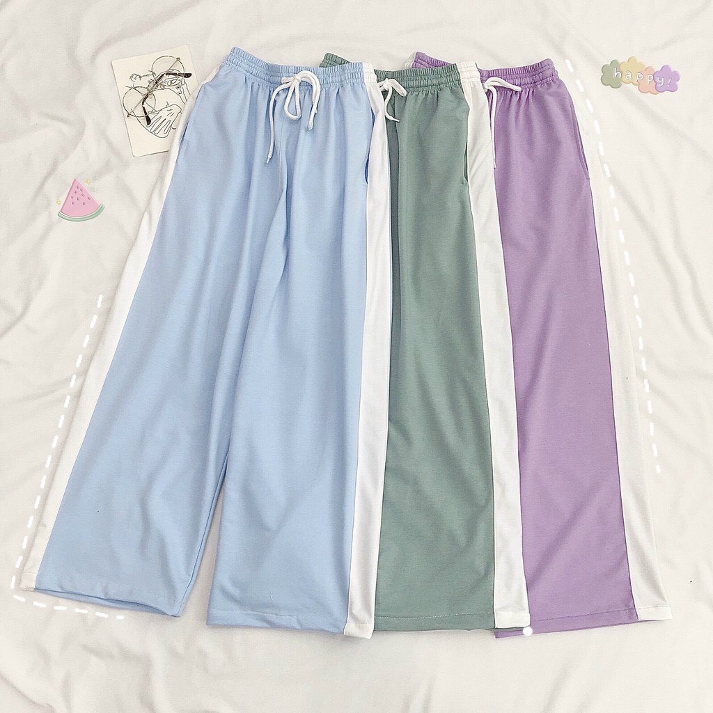 Quần ống rộng nữ dài 1 sọc dáng suông 4 màu Pastel có dây buộc eo phong cách Ulzzang Unisex