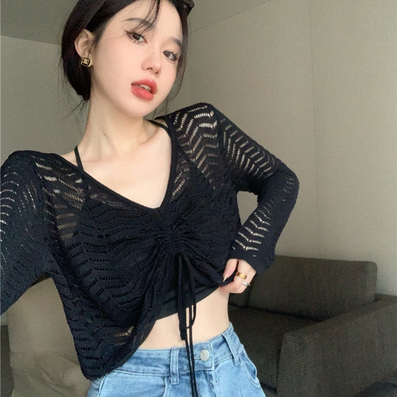 SUXI Áo Dệt Kim Tay Dài Cổ Chữ V Phối Dây Rút Màu Sắc Trơn Phong Cách Hàn Quốc Dành Cho Nữ