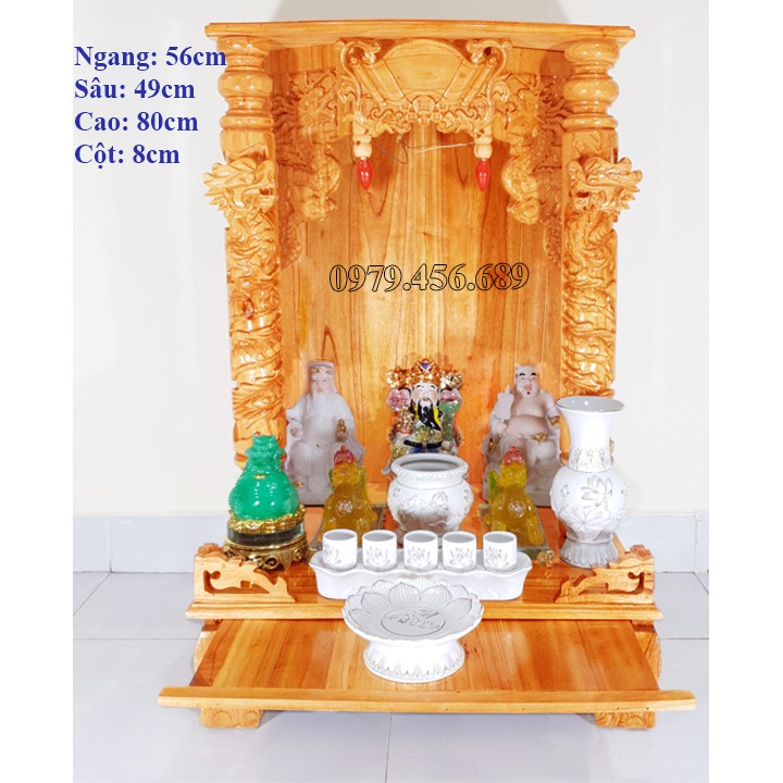 Bàn thờ thần tài ông địa gỗ xoan ngang 56cm quỳ trụ cột 8cm màu vàng nhạt