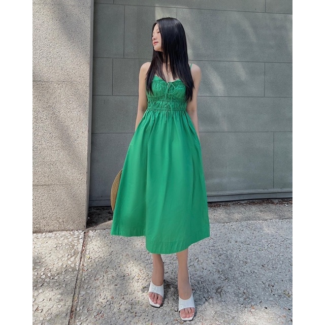 ĐẦM XANH MIDI BO CHUN NGỰC THẮT NƠ 2 DÂY