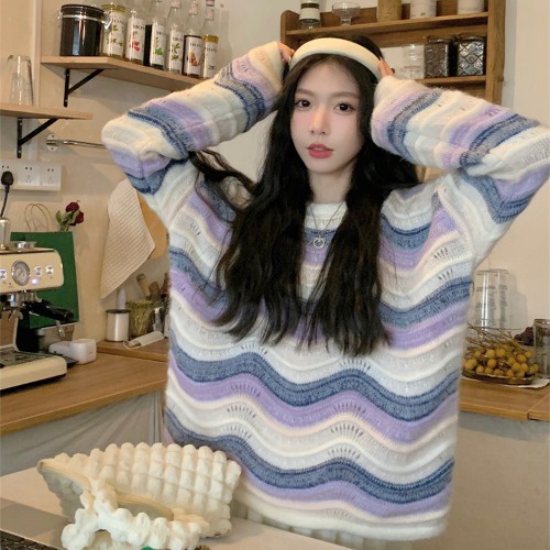 Áo len ZHELIHANGFEI tay dài dáng rộng họa tiết kẻ sọc màu cầu vồng dễ phối đồ