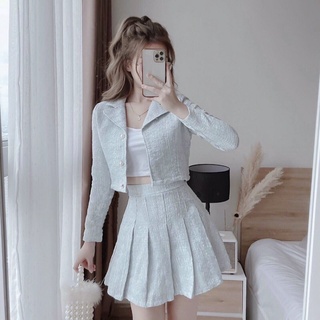 Set dạ tweed áo khoác dạ chân váy xếp ly màu xanh