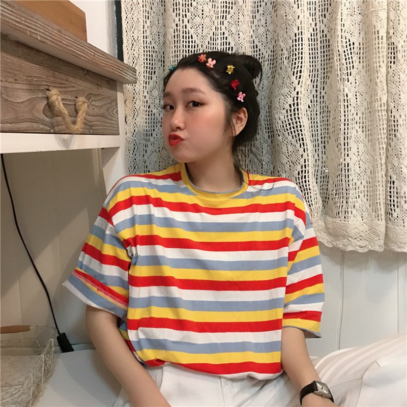 Áo Thun Nữ Tay Ngắn Kẻ Sọc Thời Trang Hàn Quốc