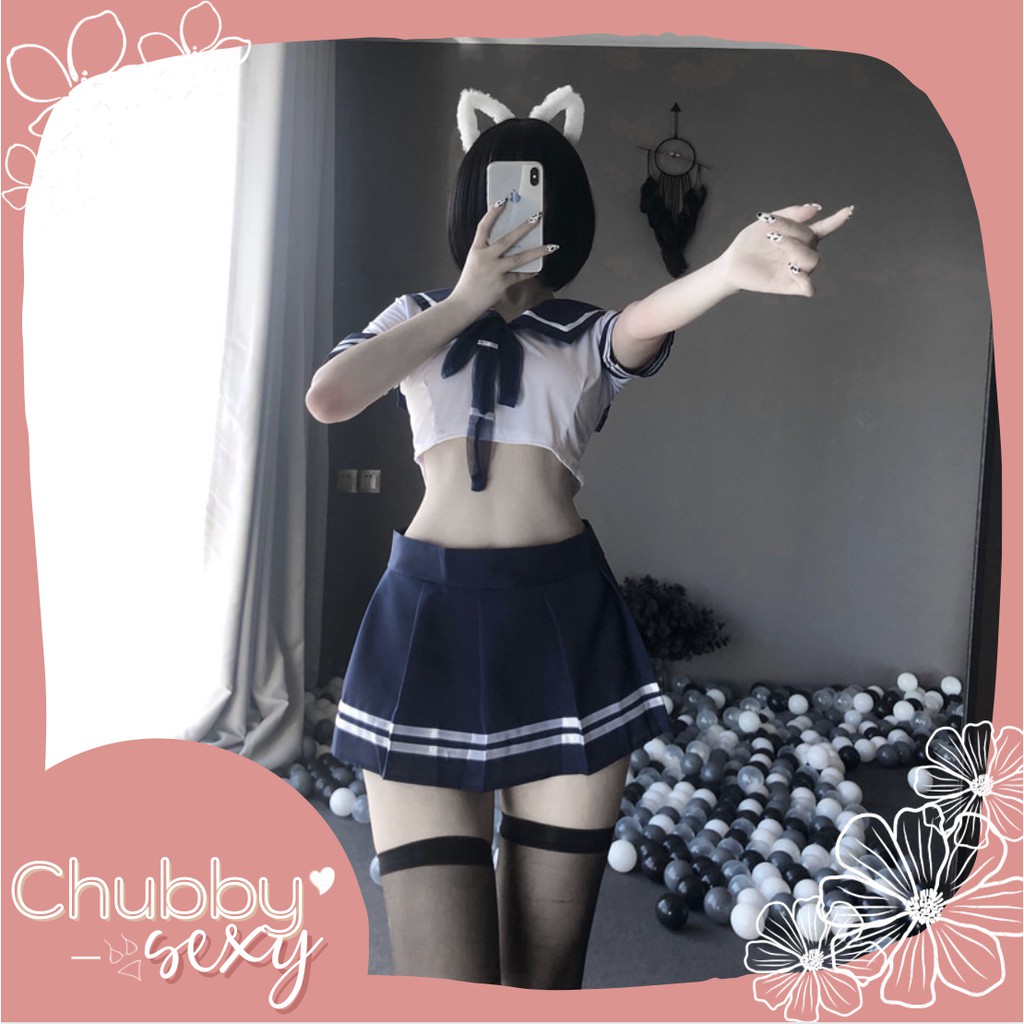 Cosplay Học Sinh Sexy - Set Đồ Ngủ Phong Cách Học Sinh Nhật Bản Áo Thắt Cavat Váy Xếp Ly Gợi Cảm - CPL05 - Chubby.Sexy