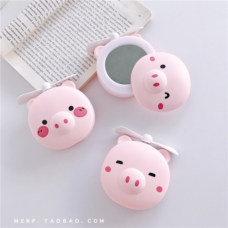 Quạt cầm tay mini hình con lợn có gương , đèn đa năng