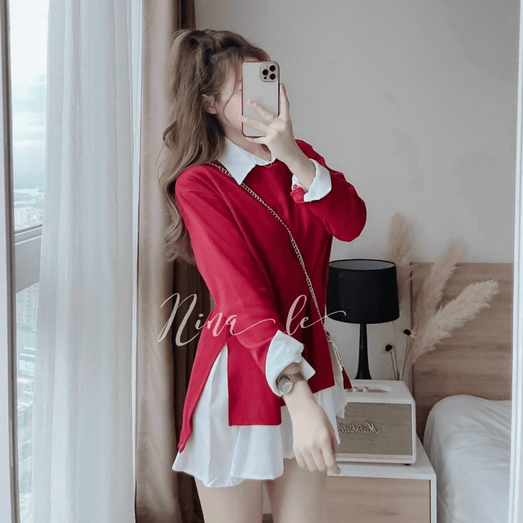 SÉT ĐẦM LỤA SƠ MI PHỐI ÁO THUN GÂN MÀU ĐỎ CHỨNG TỎ YÊU ANH CỰC HOT