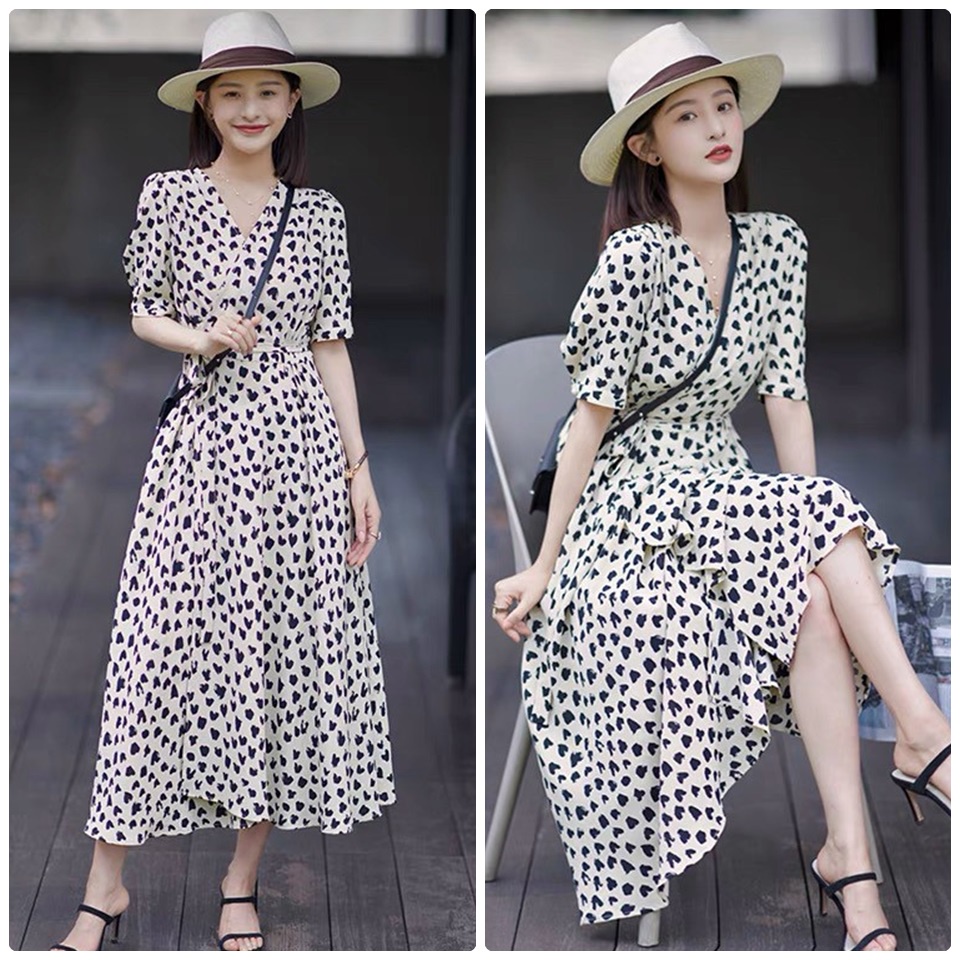 ĐẦM MAXI HỌA TIẾT TRÁI TIM TAY NGẮN PHỐI NƠ XINH XẮN - FREE SIZE DƯỚI 52KG - THẢO MY SHOP - GB200