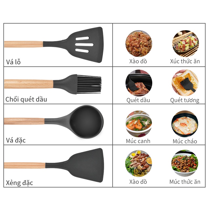 Set 4 dụng cụ nhà bếp SIMPLUS vá xẻng xào cọ quét dầu có lỗ bằng silicone tay cầm gỗ sồi chịu nhiệt độ cao