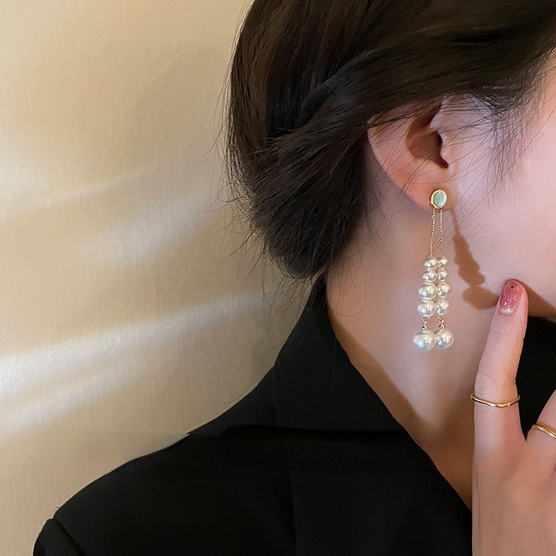 Bông Tai Mạ Bạc 925 Đính Ngọc Trai Tua Rua Phong Cách Hàn Quốc