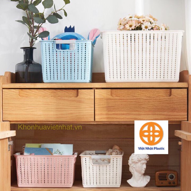 Rổ đan mây đựng đồ đa năng size to nhựa Việt Nhật, Giỏ đan đựng quần áo, dụng cụ nhà bếp thiết kế hiện đại (3415-3)