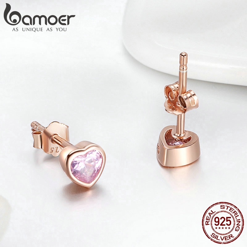 Bông Tai Bamoer PAS452 Hình Trái Tim Mạ Vàng Hồng Đính Đá Zircon Cho Nữ