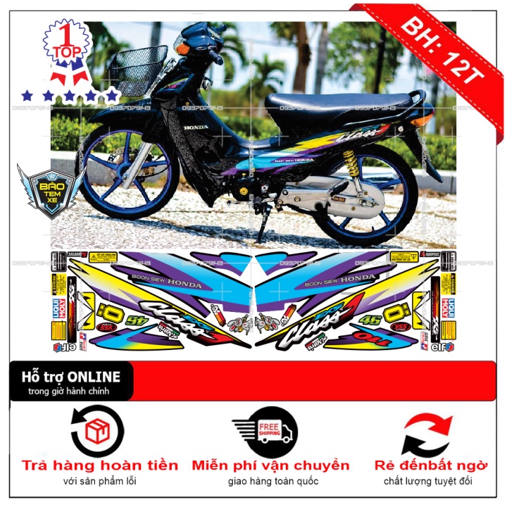 Tem rời dán xe wave nhỏ đời đầu Class tím xanh - Bi Decal