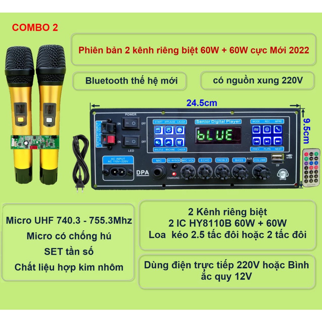 Mạch loa kéo 2 kênh riêng biệt 2 IC HY8110B 60W + 60W có nguồn xung 220V – Bluetooth thế hệ mới kèm micro đôi