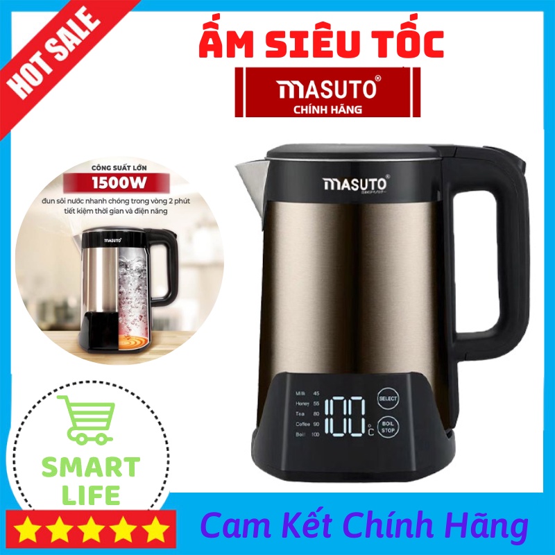 Ấm Siêu Tốc Thông Minh Masuto 1,5L 2 Lớp Công Nghệ Nhật Bản Hiển Thị Nhiệt Độ Nước Trong Ấm Bằng Màn Hình Led 7''