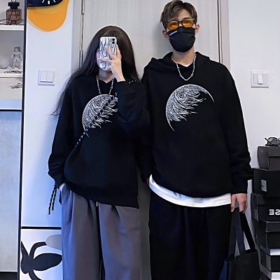 Áo Hoodie Tay Dài Dáng Rộng Màu Đen In Họa Tiết Phong Cách Mỹ