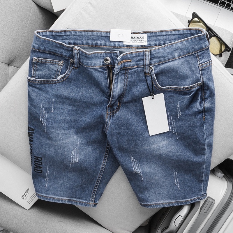 Quần short Jean nam xanh rêu hàng xuất khẩu xịn chất bò giãn ống suông nhẹ