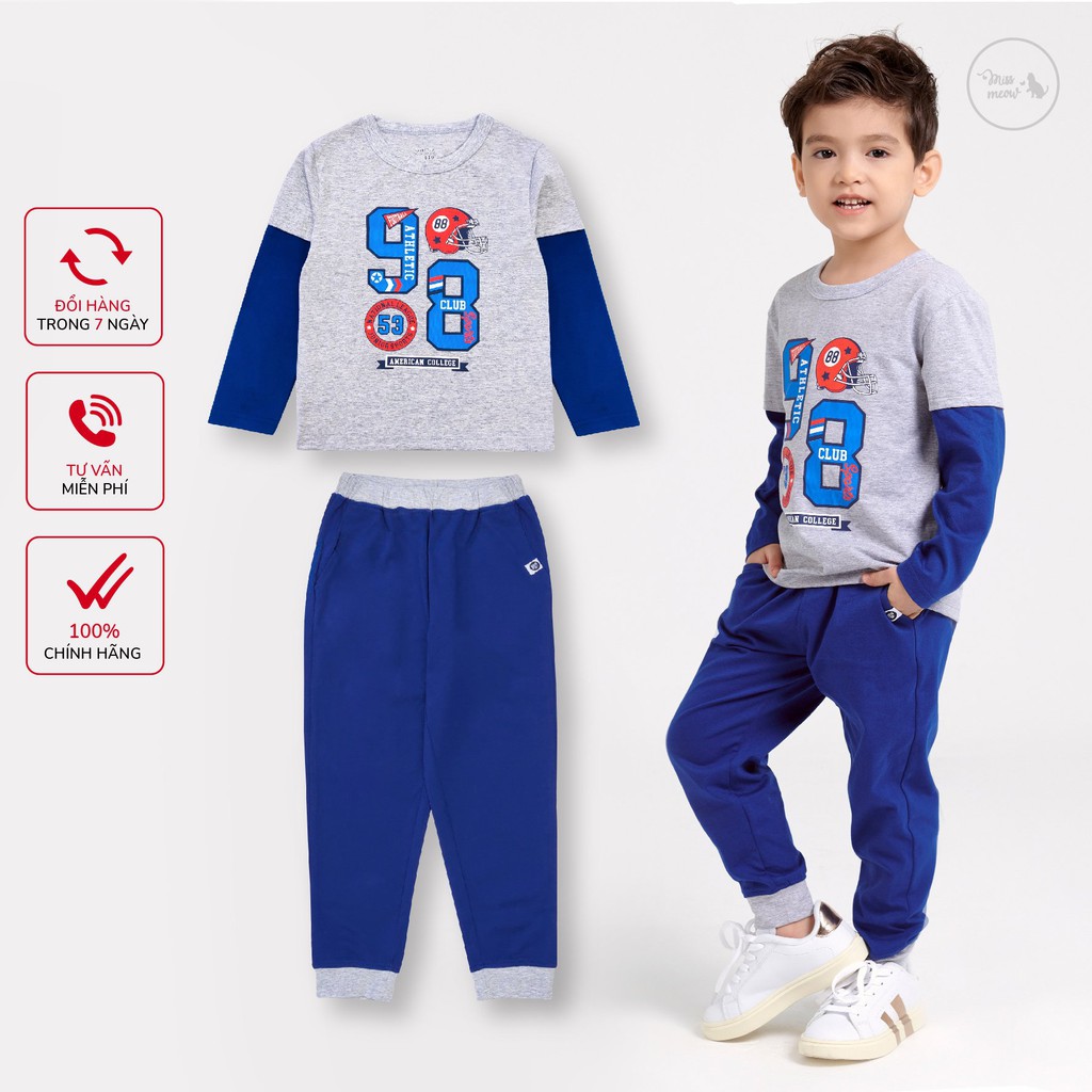 Bộ đồ thu đông dài tay cho bé trai BIGFOX - MISS MEOW size đại, bộ dài tay cho bé vải thun cotton in số 98 cỡ 10 - 26kg