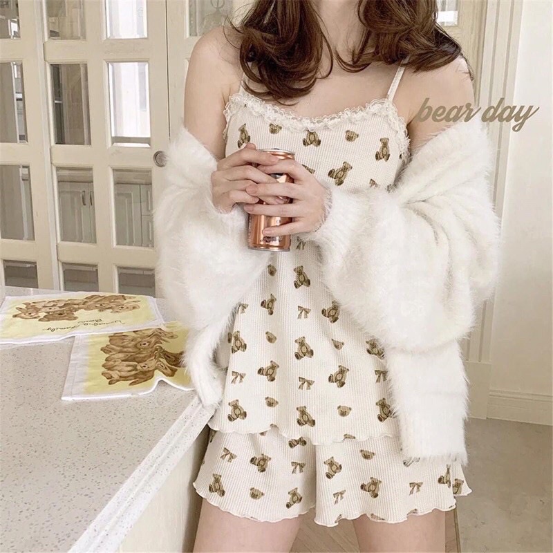 Set Bộ gấu 2 dây chất thun lạnh mặc hè bao mát