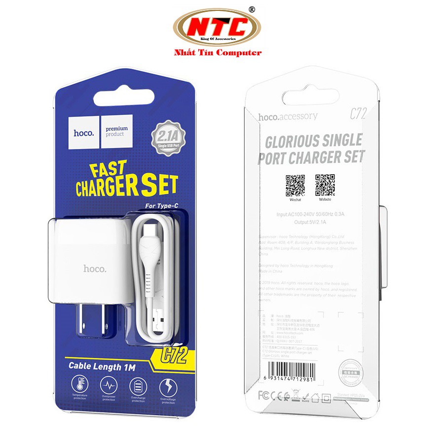 Combo cốc sạc và cáp sạc Hoco C72 cổng Type-C output max 2.1A  - Hãng phân phối chính thức