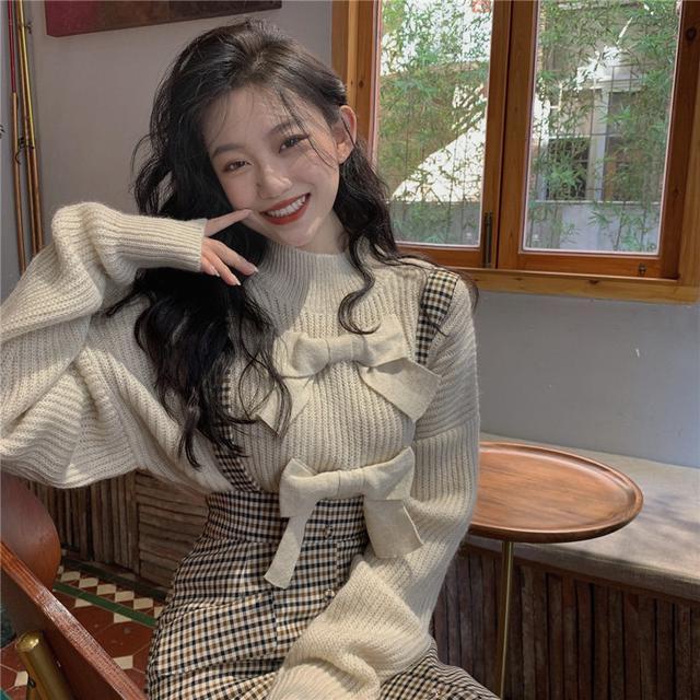 Set áo sweater dệt kim tay dài cổ tròn dáng rộng kèm chân váy phong cách retro pháp thời trang cho nữ