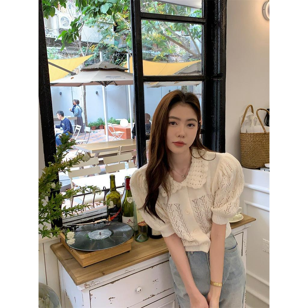 Áo Dệt Kim Cộc Tay Khoét Lỗ Màu Trắng Ngọt Ngào 61826