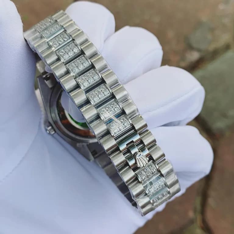 Đồng hồ Nam Rolex niềng đá máy nhật vỏ trắng trắng day date số đá  38mm dòng cơ Automatic