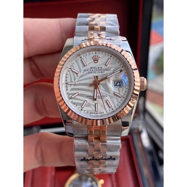 Đồng Hồ Nam Rolex datejust mặt lá cọ máy Cơ Automatic Nhật , Màu demi rose ,size 41mm,kim cọc số dạ quang
