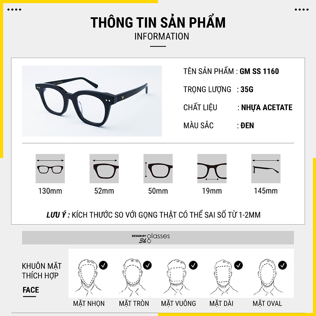 Kính cận thời trang nam nữ, dáng  gọng vuông, chất liệu nhựa ACETATE cao cấp, bản lề TITAN MẠ VÀNG, GTSS-1160