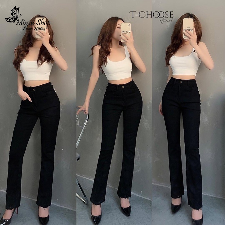 Quần Jean Ống Loe Cạp Cao Chất Vải Bò Co Giãn 4 Chiều Màu Đen Trơn Mặc Xinh Siêu Tôn Dáng Minxu Shop Q9147