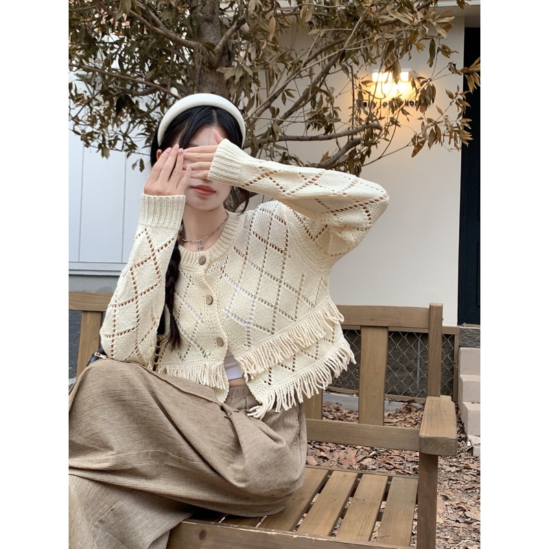 Áo cardigan ZHELIHANGFEI dệt kim tay dài lưng cao thiết kế tua rua phong cách thời trang