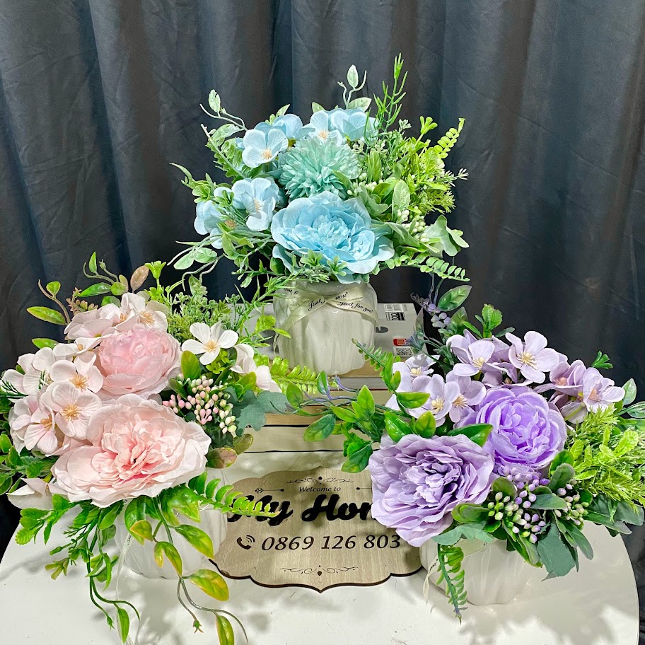 Hoa giả - Bó hoa mẫu đơn hồng trà mix với tú cầu cực sang trọng và lãng mạn, trang trí decor đám cưới, để bàn