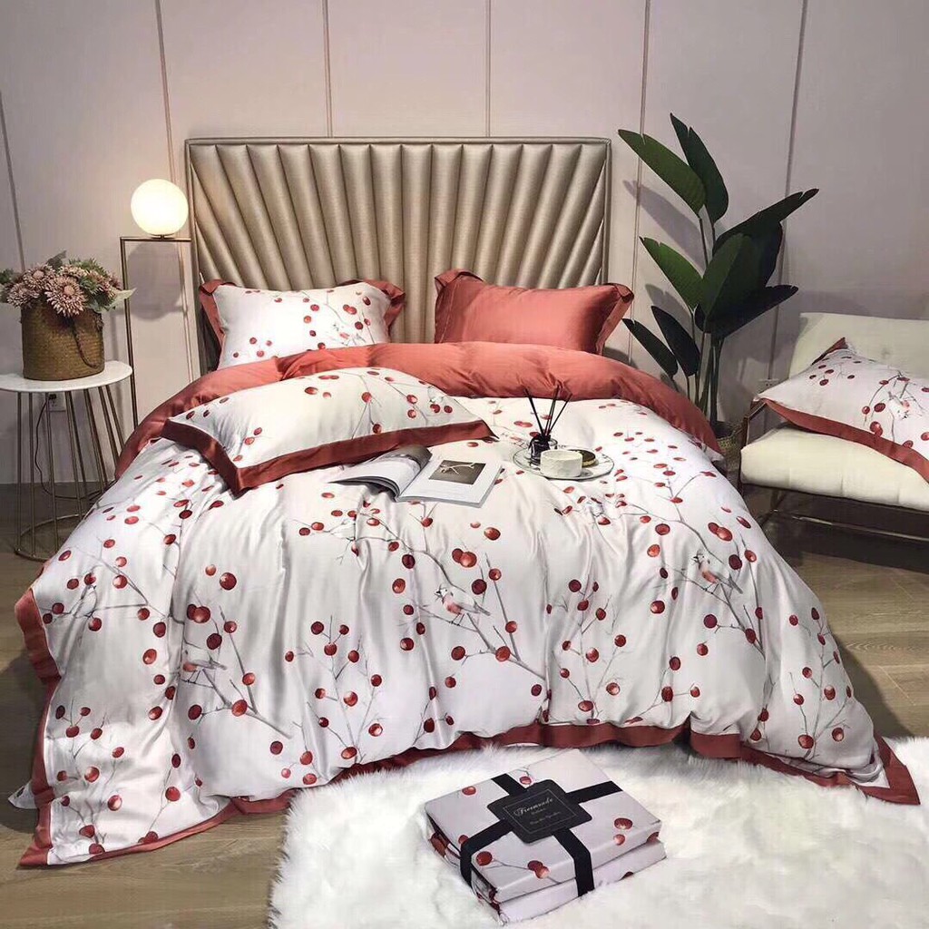 Tencel 60s hoa lá-Bộ chăn ga Tencel cao cấp