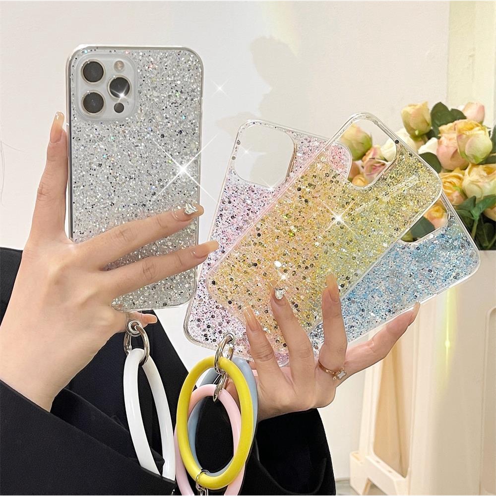Ốp Điện Thoại Silicon Trong Suốt Lấp Lánh Có Dây Đeo Tay Cho iPhone 13 12 11 Pro Max XS XR X 8 7 Plus SE 3