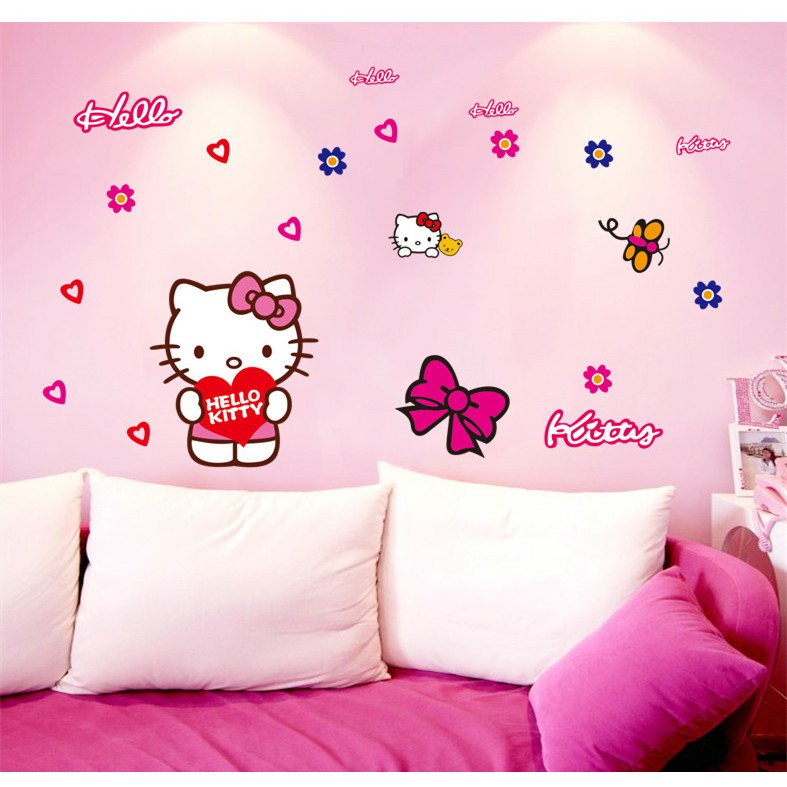 Decal dán tường phòng ngủ [FREESHIP] màu hồng Combo Kitty dễ thương Amyshop