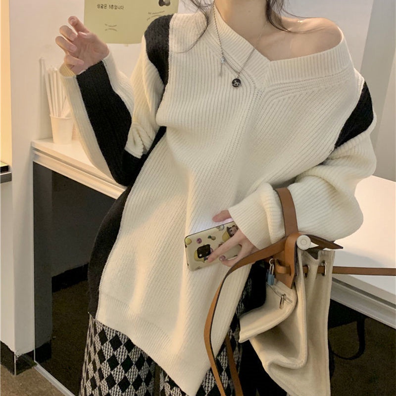 Áo sweater Dệt Kim Cổ Chữ V Dáng Rộng Thiết Kế Xẻ Tà Thời Trang Thu Đông Phong Cách retro Mới Cho Nữ
