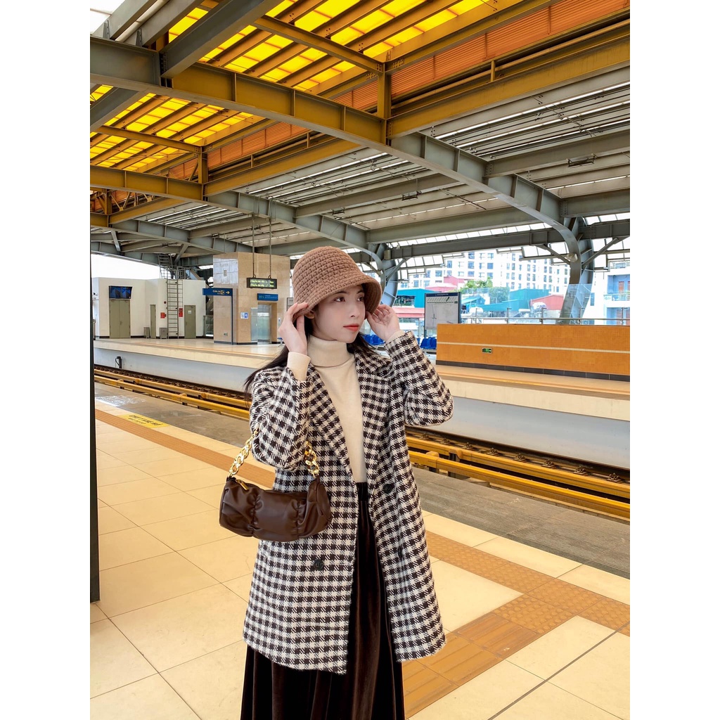 Áo khoác nữ kẻ caro dáng dài hàn quốc khuy túi xéo 53a21 by germe | BigBuy360 - bigbuy360.vn