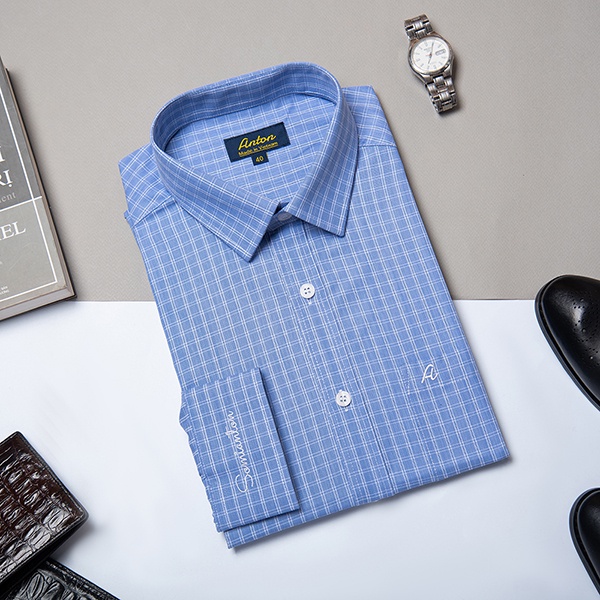 Áo Sơ Mi Nam Công Sở Trung Niên Thương Hiệu Anton Dài Tay Vải Cotton Kẻ Caro Xanh – AC159