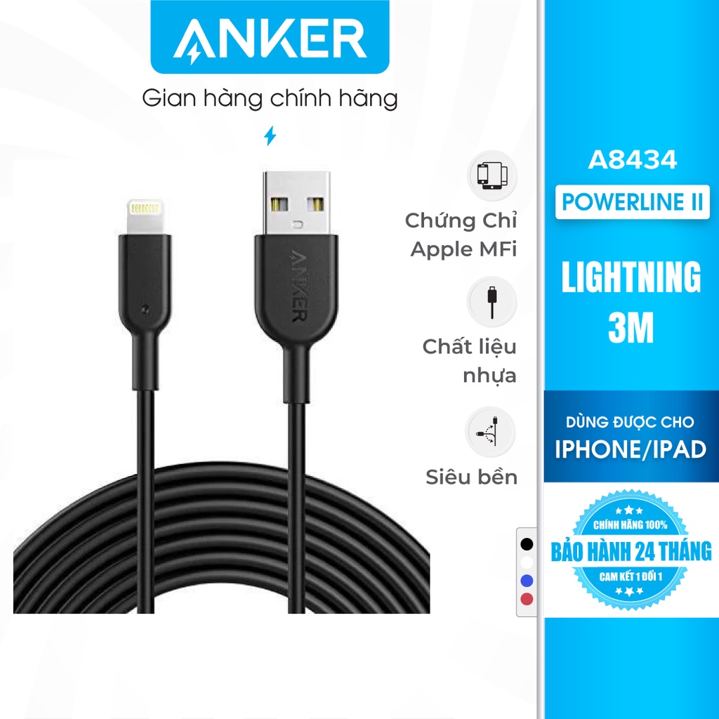 Cáp sạc ANKER Powerline II Lightning - Dài 3m - A8434